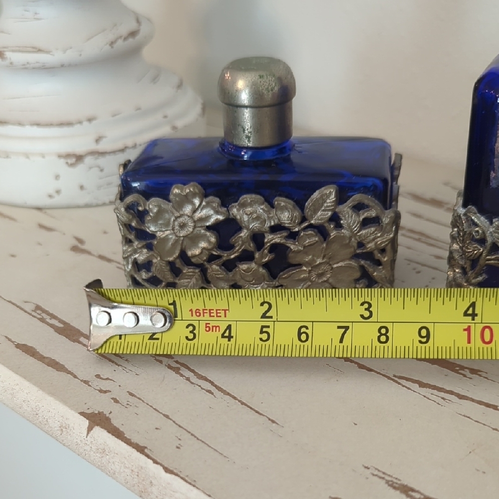 💙 Vintage Cobalt Blue Pewter Refillable Boudoir Perfume Bottles – Set of Two - Picture 10 of 12